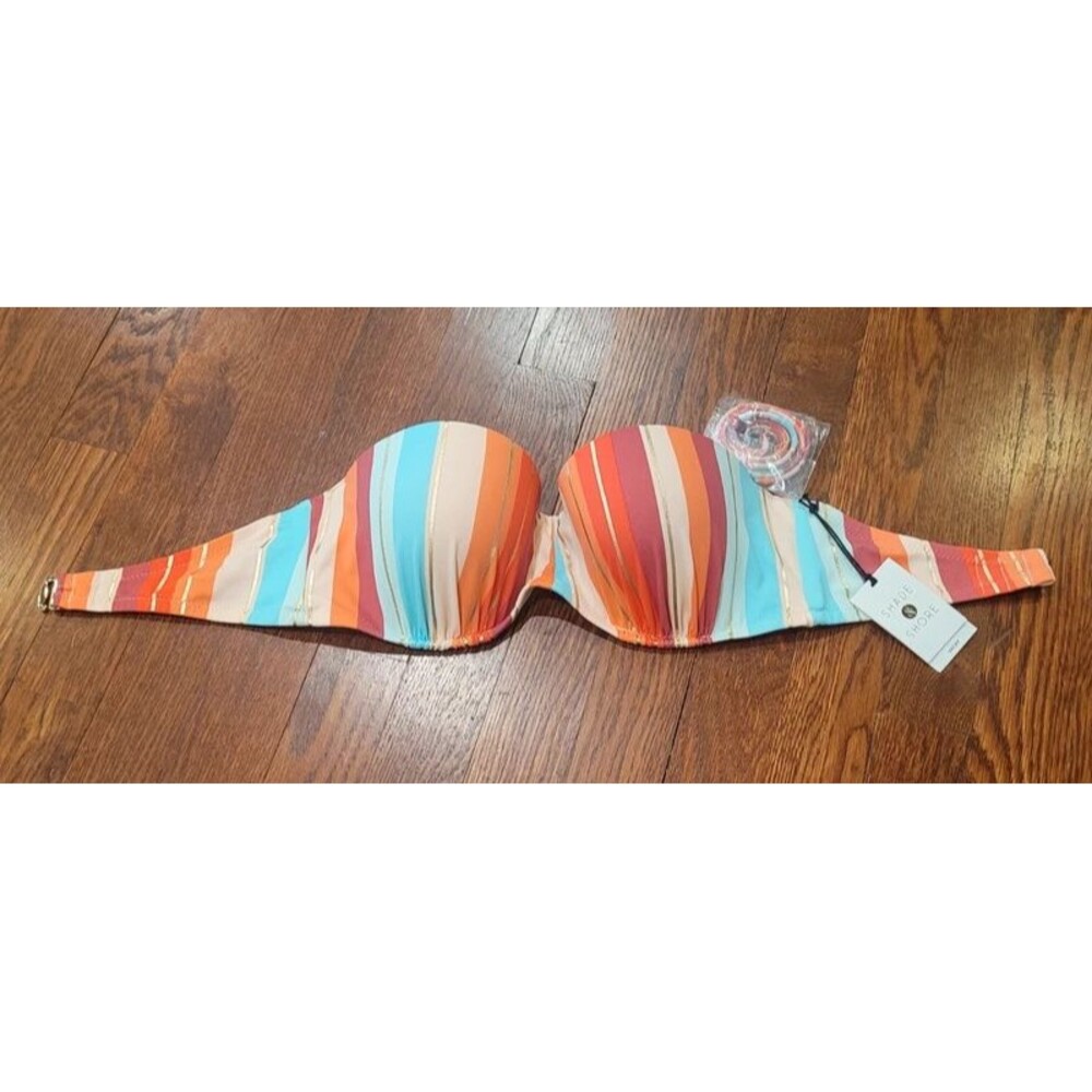Shade & Shore Bikini Top Striped Metallic Size 34 C Coral Teal Gold